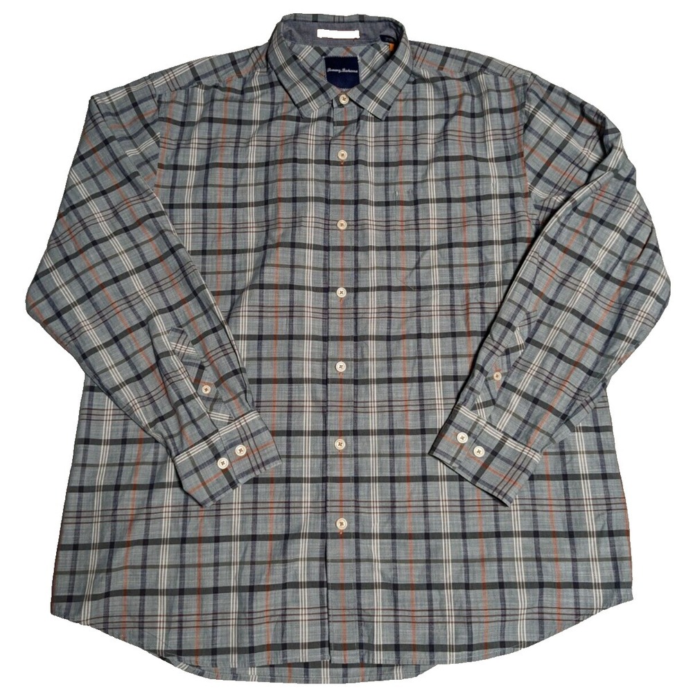TOMMY BAHAMA Men XL Gray Orange Windowpane Plaid Cotton Long Sleeve Button Shirt